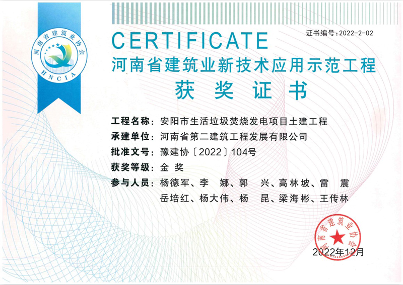 安陽(yáng)垃圾電廠項(xiàng)目榮獲新技術(shù)應(yīng)用示范工程金獎(jiǎng)、綠色施工示范工程優(yōu)良獎(jiǎng)